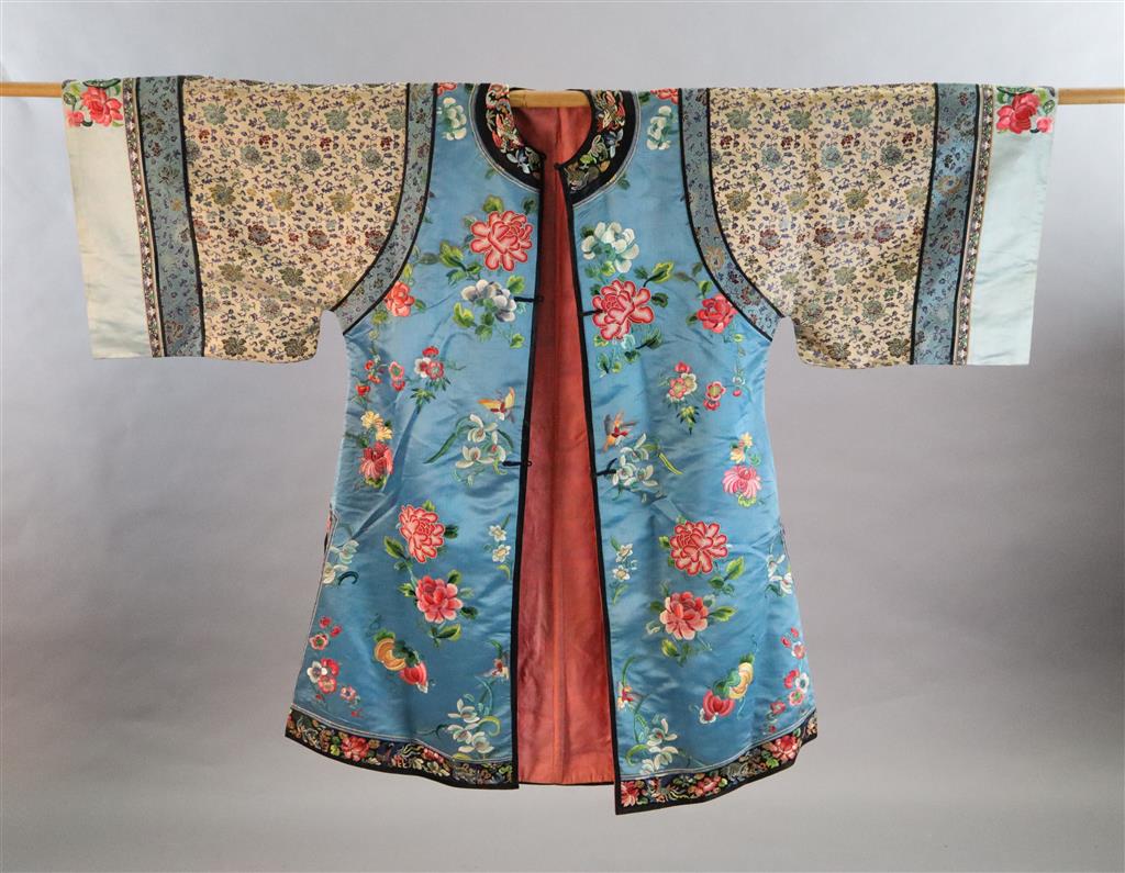 A Chinese embroidered silk robe, late 19th/early 20th century, length 116cm